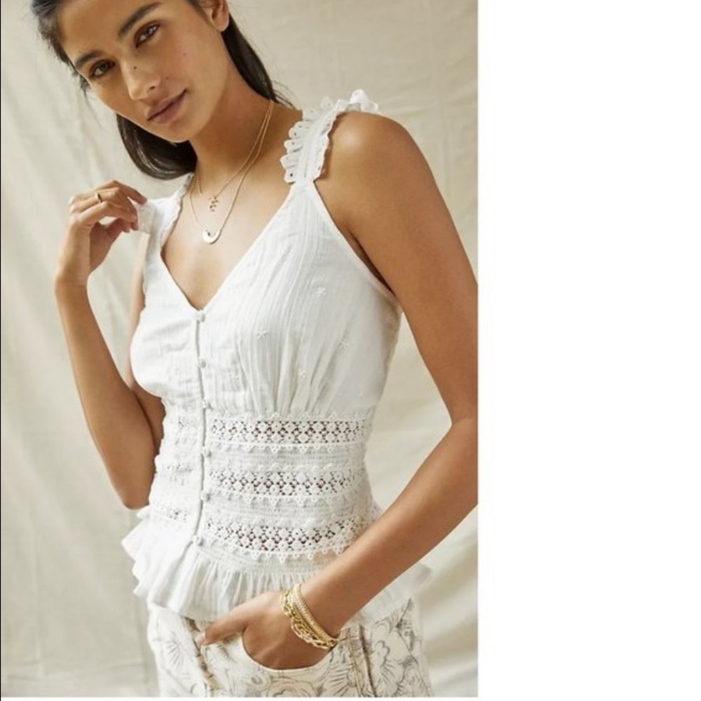 Anthropologie White Lattice Crochet Button-Front Sleeveless Top